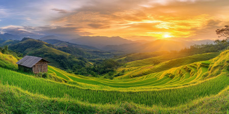 A picturesque rice field in Southeast Asia, with terraces cascading down a hillside. The fields are lush and green, and the golden light of sunset creates a magical atmosphere. A small wooden hut sits at the edge of the fields.の素材