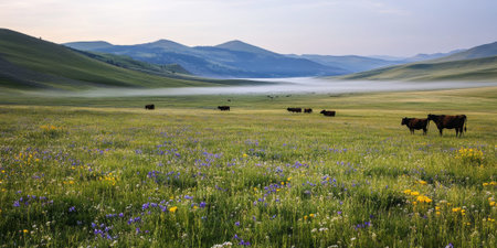A serene highland pasture with grazing cows, rolling green hills, and scattered wildflowers. The morning mist lingers over the landscape, and the soft light of sunrise bathes the scene in warm, golden tones.の素材