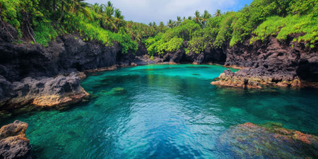 A serene lagoon surrounded by tall cliffs covered in lush vegetation. The turquoise water is crystal clear, revealing colorful coral and fish beneath the surface.の素材