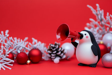 A curious penguin holding a megaphone, announcing holiday celebrations amidst snowy decorations on a red background.の素材