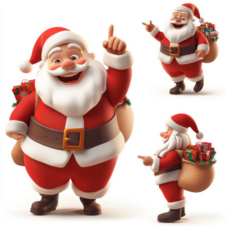 A charming 3D cartoon Santa Claus character set featuring Santa laughing, carrying a sack of toys, and pointing cheerfully. Each figure is brightly colored, exuding holiday spirit, and isolated against a white background.の素材