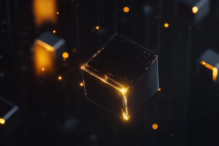 A dark black background with 3D cubes that seem to float, with light reflections bouncing off the surfaces, creating a futuristic and sleek look.の素材