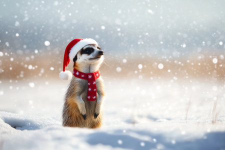 A cute meerkat dressed in a Santa hat and scarf, standing in a snowy desert decorated for Christmas.の素材