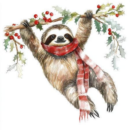 Coquette Christmas sloth illustration, watercolor. A lazy sloth wearing a holiday scarf hangs from a decorated branch.の素材
