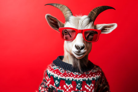 A quirky goat in a patterned holiday sweater and red sunglasses, striking a playful pose against a bright red background.の素材