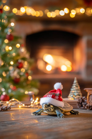 A curious baby turtle wearing a tiny festive hat, placed on a table near a cozy fireplace. The scene is surrounded by ornaments, twinkling lights, and a miniature Christmas tree.の素材