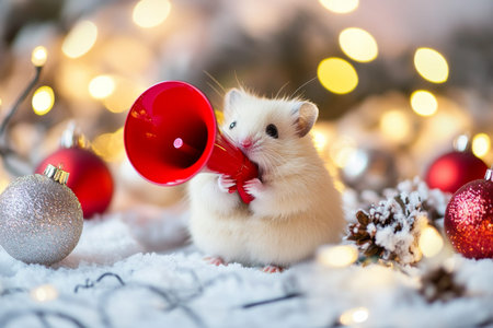 A tiny hamster with a red megaphone, sitting on a snowy table surrounded by holiday lights and ornaments.の素材