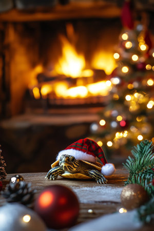 A curious baby turtle wearing a tiny festive hat, placed on a table near a cozy fireplace. The scene is surrounded by ornaments, twinkling lights, and a miniature Christmas tree.の素材