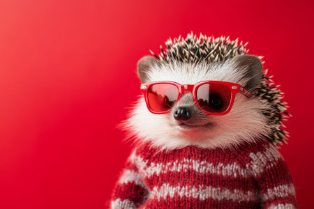 A dapper hedgehog in red sunglasses and a festive sweater, sitting against a bold red background, showcasing a charming holiday concept.の素材