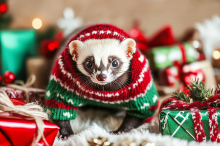 A mischievous ferret dressed in a holiday sweater, playing among Christmas decorations and wrapped gifts.の素材