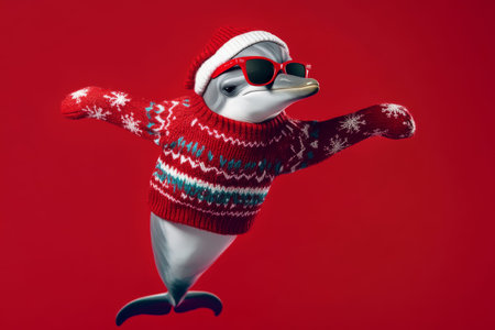 A quirky dolphin in a festive sweater and red sunglasses, leaping joyfully against a vivid red backdrop for a playful holiday concept.の素材