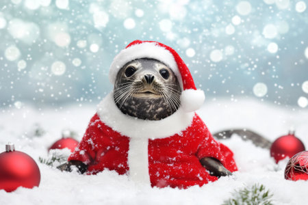A holiday-themed picture of a seal wearing Santa clothes, surrounded by snow and festive ornaments, perfect for wintry holiday cards.の素材