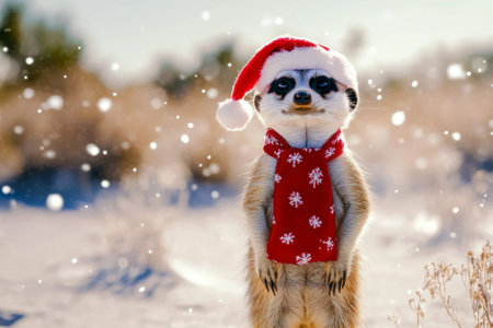 A cute meerkat dressed in a Santa hat and scarf, standing in a snowy desert decorated for Christmas.の素材