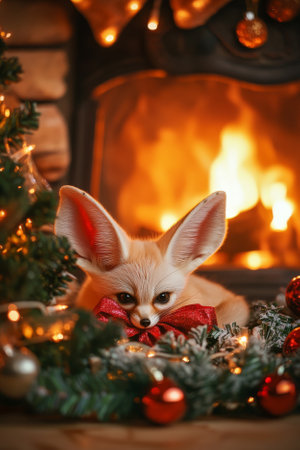 A small fennec fox with its big ears adorned with a festive bow, curled up by a fireplace. Surrounding it are shiny baubles, garlands, and a miniature Christmas tree glowing softly.の素材