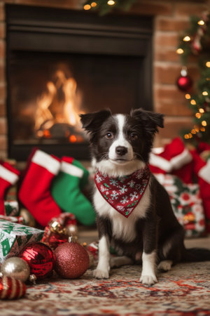A sprightly border collie puppy with a festive bandana, sitting near a fireplace adorned with Christmas stockings. A pile of gifts and sparkling ornaments surrounds the cheerful pup in this cozy holiday setting.の素材
