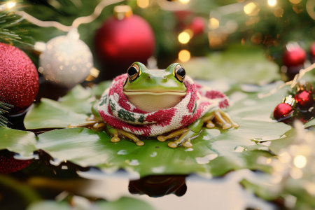 A tiny frog wearing a holiday scarf, sitting on a lily pad surrounded by Christmas decorations.の素材