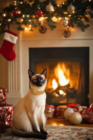 A regal Siamese cat sitting near a fireplace, adorned with a golden holiday collar. Stockings, ornaments, and soft candlelight enhance the cozy, festive mood of the room.の素材