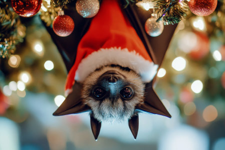 A holiday-themed picture of a bat dressed in a Santa suit, hanging upside down with tiny ornaments and lights, perfect for quirky holiday cards.の素材