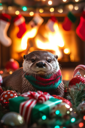 A playful otter wearing a festive scarf, lying near a glowing fireplace decorated with garlands and stockings. Around it are sparkling baubles, candy canes, and tiny wrapped presents, adding to the holiday spirit.の素材