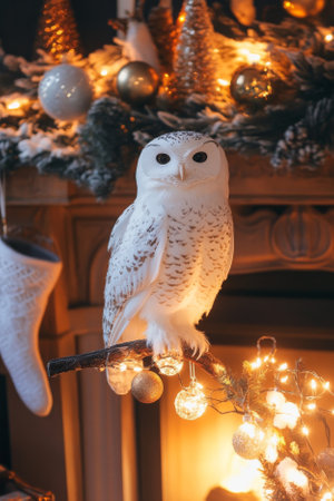 A snowy owl perched on a festive branch by a glowing fireplace. The room is adorned with holiday decor, including shiny baubles, stockings, and sparkling lights, creating a magical Christmas vibe.の素材