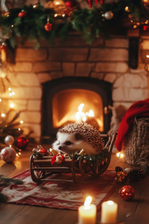 A cheerful hedgehog sitting in a tiny sleigh near a decorated fireplace. The festive scene includes garlands, glowing candles, and holiday ornaments scattered around.の素材