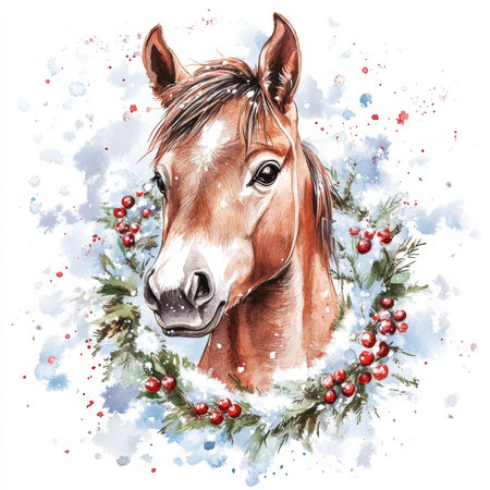 Coquette Christmas horse foal illustration, watercolor. A young horse adorned with a wreath surrounded by snowy decorations.の素材