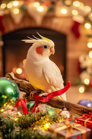 An elegant cockatiel with a festive ribbon perched on a wooden branch near a cozy fireplace. Surrounding it are Christmas-themed decorations, including miniature gift boxes, colorful baubles, and twinkling lights.の素材