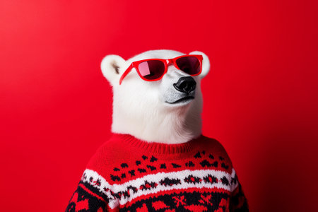 A trendy polar bear in a cozy holiday sweater and red sunglasses, standing against a bright red background, embodying festive charm and humor.の素材