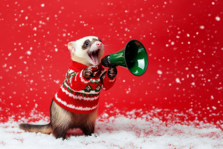 A happy ferret in a holiday sweater, holding a megaphone and spreading Christmas cheer on a red snowy background.の素材