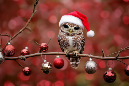 A joyful owl perched on a decorated branch, wearing a Santa hat and surrounded by tiny holiday ornaments.の素材