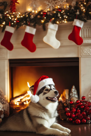 A fluffy Siberian husky puppy wearing a Santa hat, sitting by a crackling fireplace adorned with stockings and festive ornaments. The cozy room is softly lit, creating a warm holiday atmosphere with garlands and snowflakes decorating the background.の素材