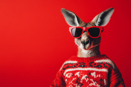 A stylish kangaroo wearing red sunglasses and a cozy festive sweater, set against a striking red backdrop for a unique holiday vibe.の素材