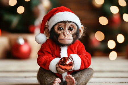 A holiday-themed picture of a monkey wearing Santa clothes, holding a small ornament while sitting in a festive setting, perfect for family cards.の素材