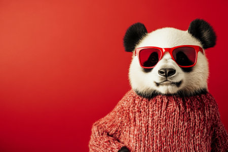 A charismatic panda in red sunglasses and a knitted sweater, posing against a bright red background for a cheerful and trendy holiday look.の素材