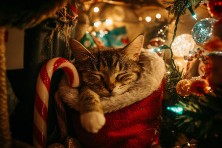 A cozy cat snuggled in a Christmas stocking, surrounded by holiday decorations, candy canes, and fairy lights, perfect for festive cheer.の素材