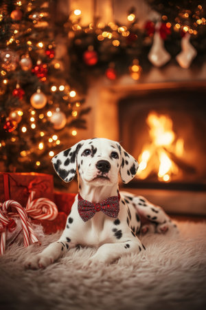 A charming Dalmatian puppy with a festive bow collar, lounging on a soft rug by a glowing fireplace. Around it are shimmering ornaments, Christmas lights, and a tree with golden baubles and candy canes. The holiday spirit fills the room.の素材