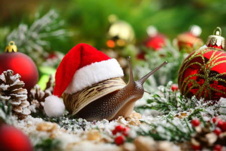 A holiday-themed picture of a snail wearing a tiny Santa suit, crawling amidst miniature Christmas decorations, ideal for whimsical holiday greetings.の素材