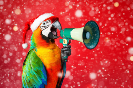 A colorful parrot holding a megaphone, announcing Christmas celebrations against a red snowy tropical background.の素材