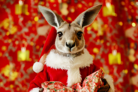 A holiday-themed picture of a kangaroo in a Santa outfit, carrying a gift bag against a festive backdrop, perfect for seasonal promotions.の素材