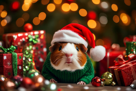 A snuggly guinea pig dressed in a green holiday sweater and Santa hat, surrounded by cheerful Christmas gifts, baubles, and sparkling lights.の素材