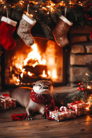 A playful otter wearing a festive scarf, lying near a glowing fireplace decorated with garlands and stockings. Around it are sparkling baubles, candy canes, and tiny wrapped presents, adding to the holiday spirit.の素材