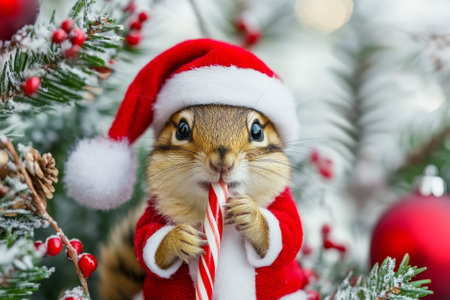 A holiday-themed picture of a chipmunk wearing Santa clothes, holding a candy cane amid festive decorations, ideal for charming seasonal greetings.の素材