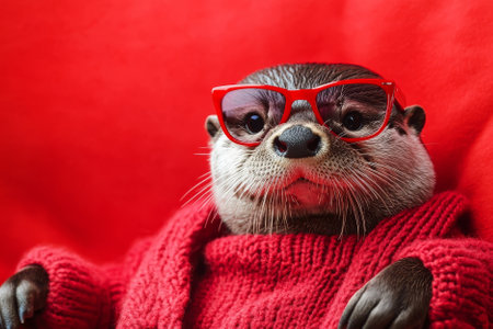 A playful otter in a cozy sweater and red sunglasses, lounging against a vibrant red background for a cheerful holiday look.の素材