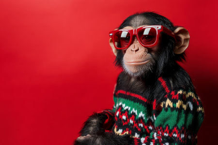 A playful chimpanzee in a colorful holiday sweater and red sunglasses, sitting against a bright red backdrop for a humorous seasonal look.の素材