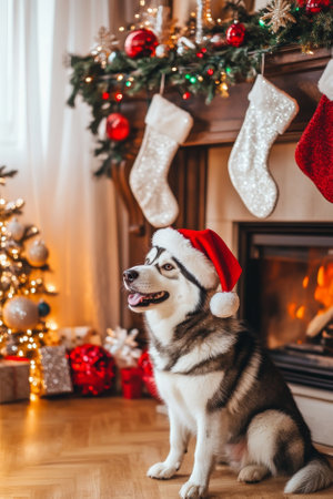 A fluffy Siberian husky puppy wearing a Santa hat, sitting by a crackling fireplace adorned with stockings and festive ornaments. The cozy room is softly lit, creating a warm holiday atmosphere with garlands and snowflakes decorating the background.の素材