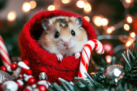 A tiny hamster sitting in a Christmas stocking, surrounded by candy canes, lights, and festive greenery.の素材