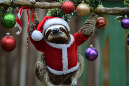 A holiday-themed picture of a sloth wearing Santa clothes, hanging from a decorated branch with ornaments, ideal for lighthearted holiday greetings.の素材