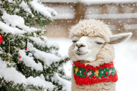 A sleepy alpaca wearing a festive holiday scarf, standing beside a snow-covered Christmas tree.の素材