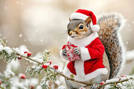 A holiday-themed picture of a squirrel in a Santa coat, holding a small gift while sitting on a decorated branch, ideal for Christmas cards and promotions.の素材