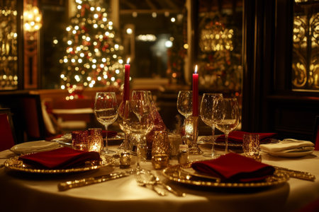 A festive Christmas dinner table in a cozy restaurant setting, featuring elegant red and gold tableware, a glowing candle centerpiece, sparkling fairy lights, and a beautifully decorated tree in the background.の素材